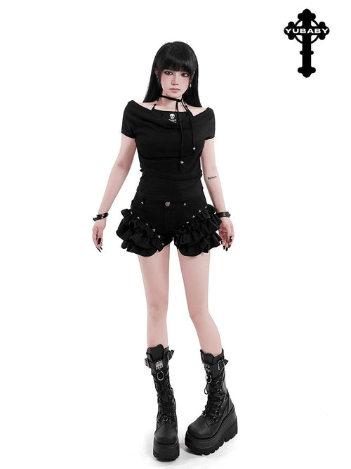 YUBABY Black Spliced Metal Skull Applique Gothic Halter Women's Neck Gaiters