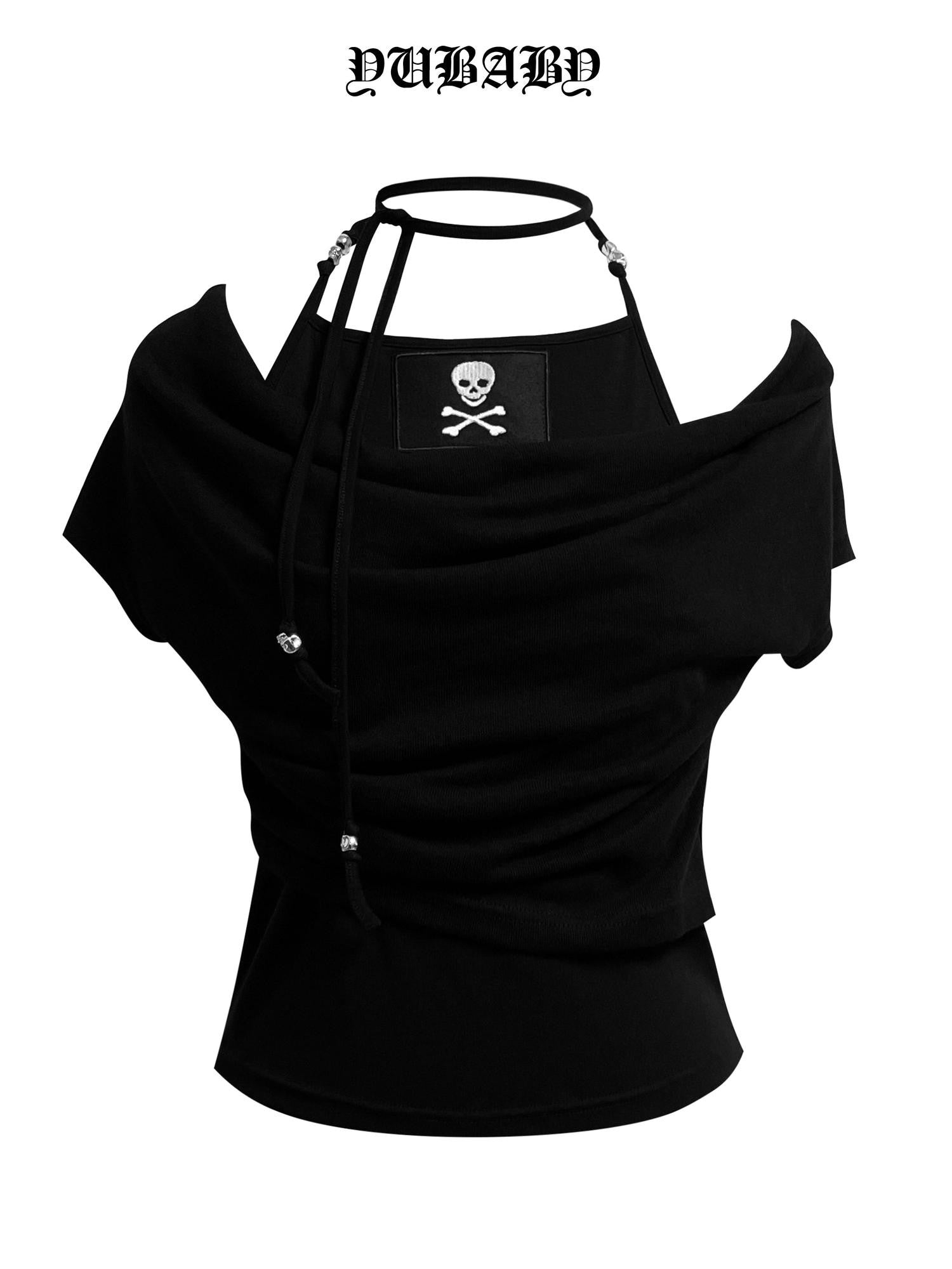 YUBABY Black Spliced Metal Skull Applique Gothic Halter Women's Neck Gaiters