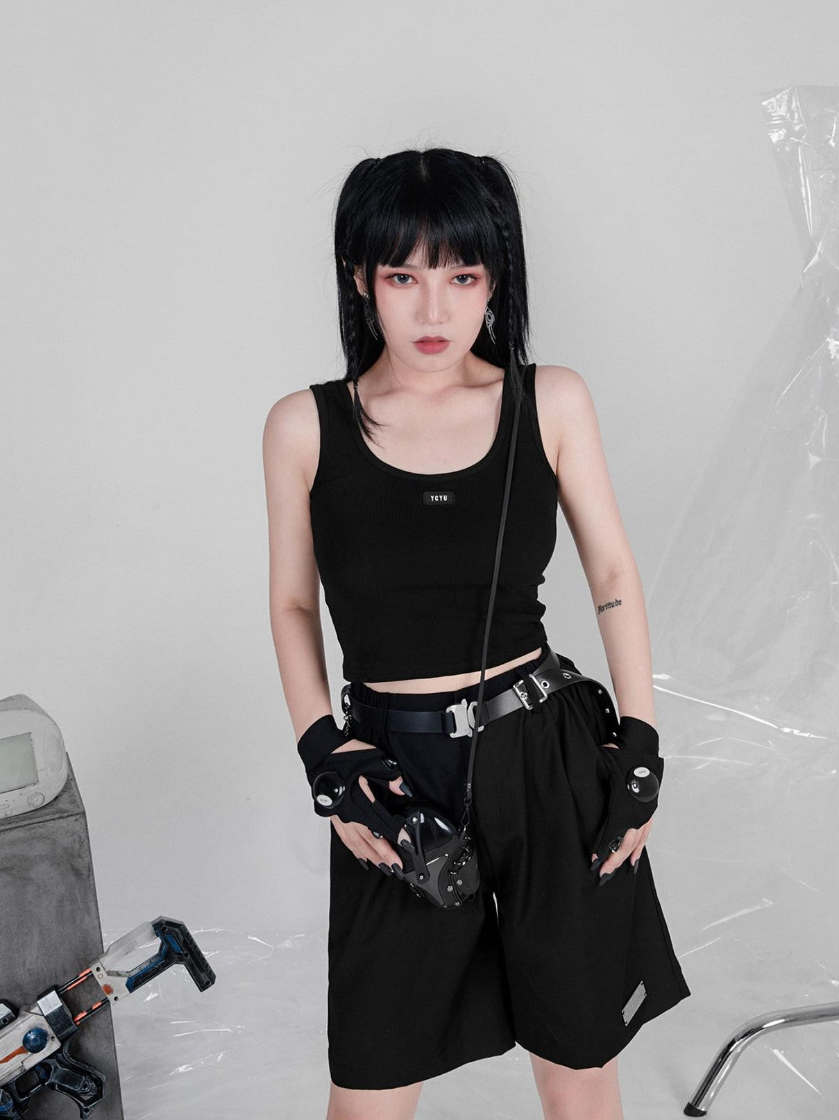 YUBABY Black Techwear Metal Buckle Punk Double Headed Women's Pu Belts