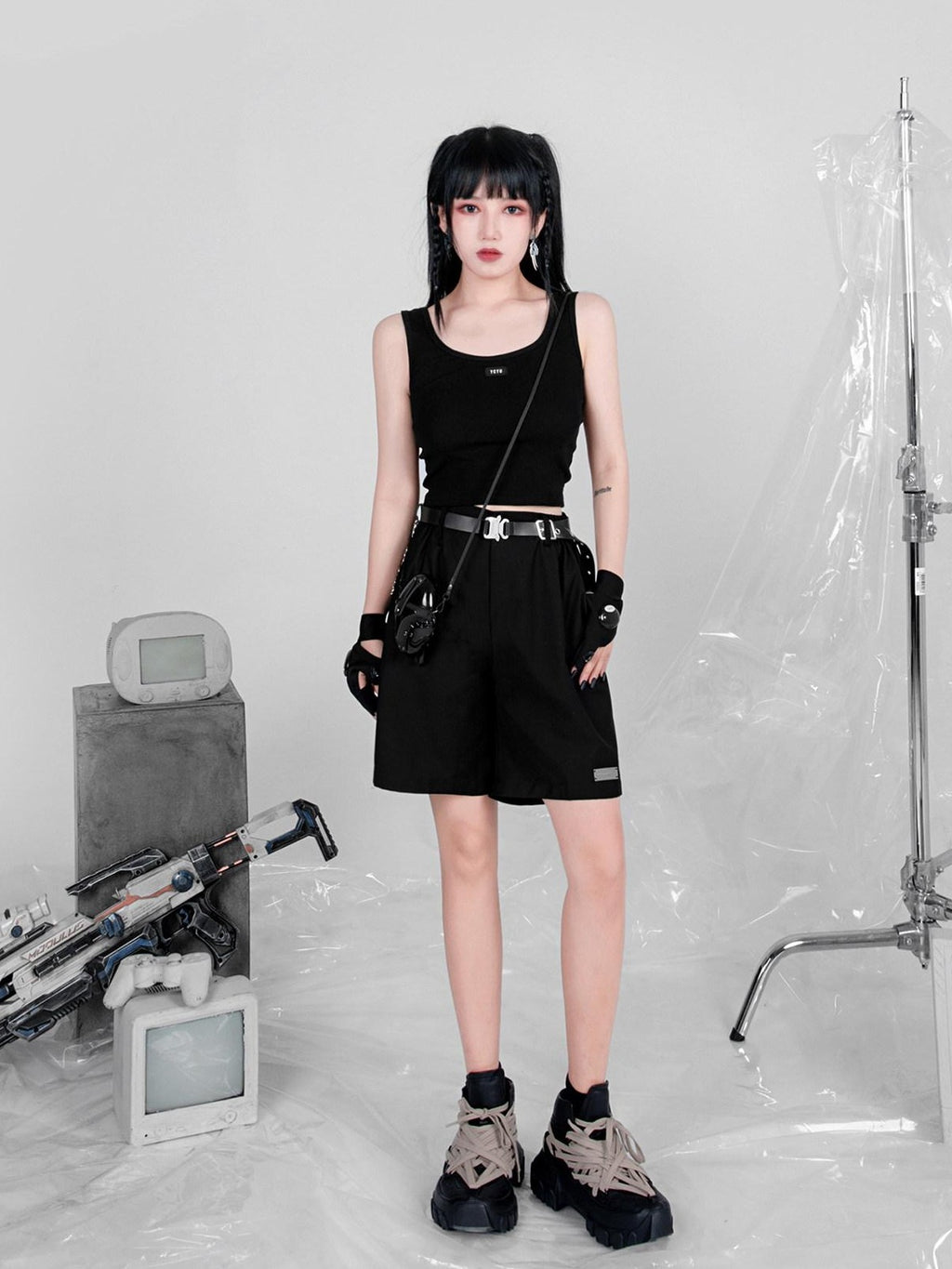 YUBABY Black Techwear Metal Buckle Punk Double Headed Women's Pu Belts