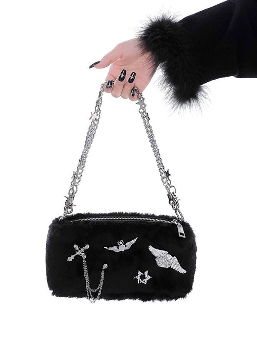 YUBABY Black White Faux Fur Metal Chain Badge Star Detachable Handle Women's Handbags