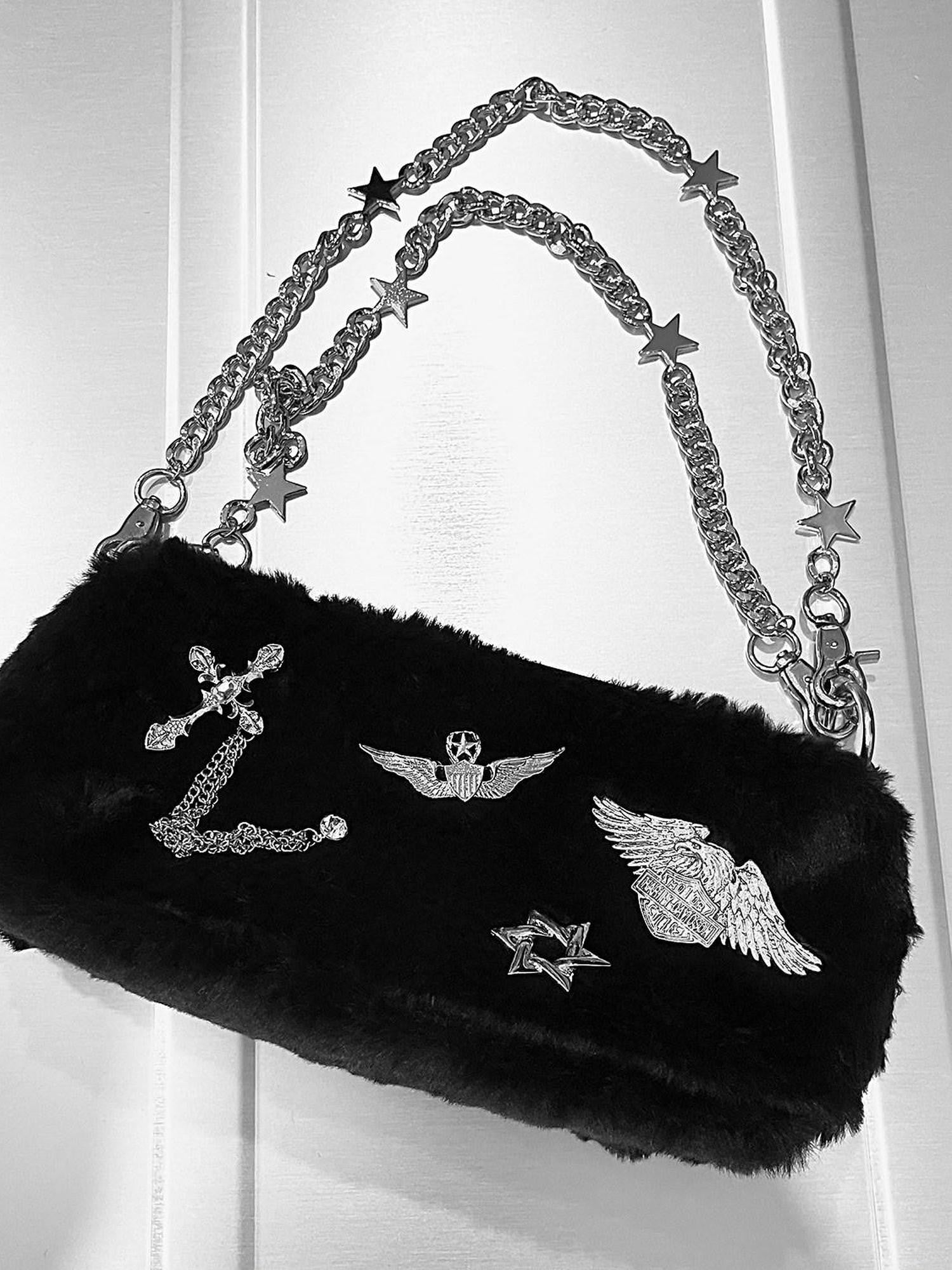 YUBABY Black White Faux Fur Metal Chain Badge Star Detachable Handle Women's Handbags