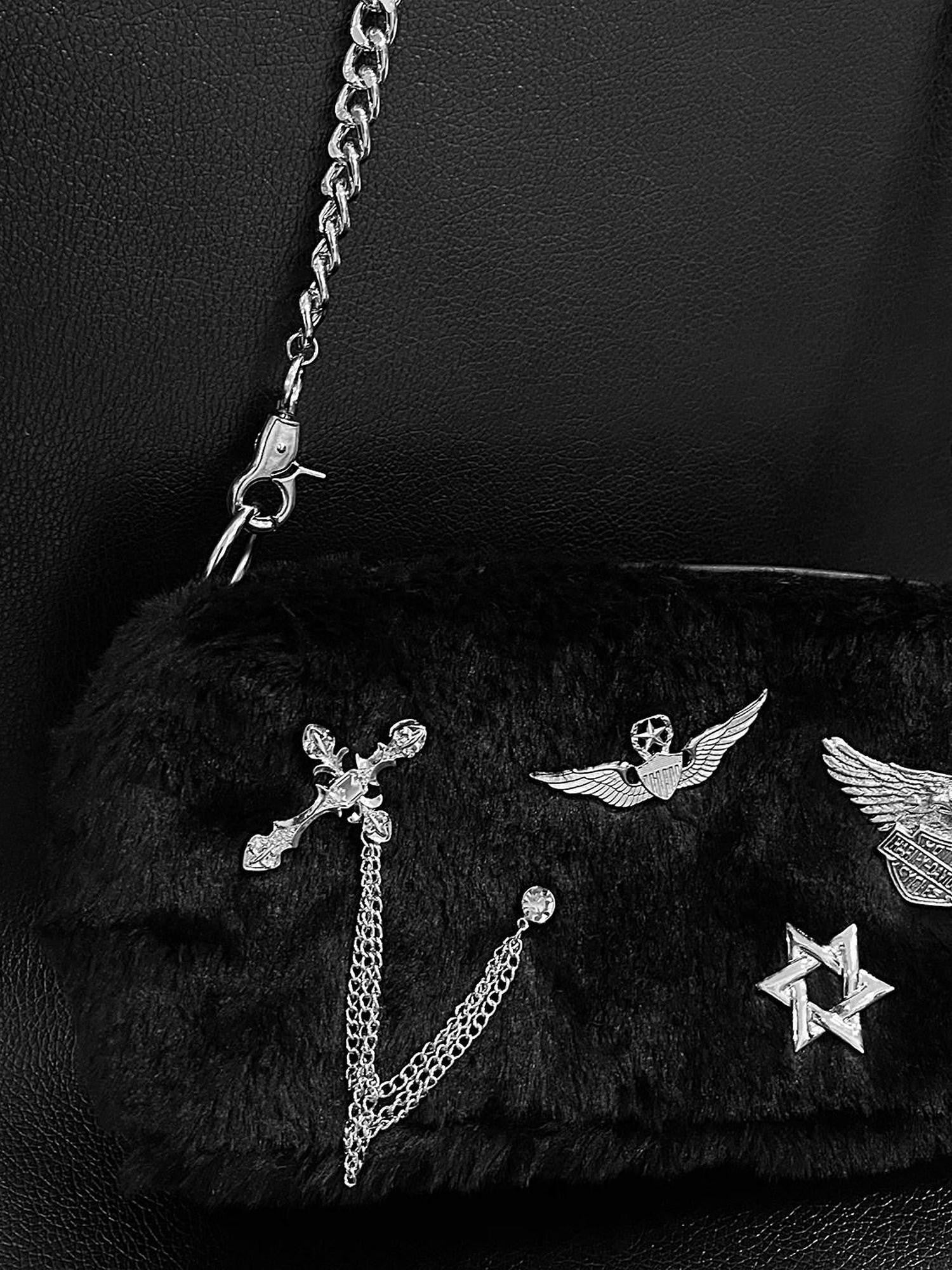 YUBABY Black White Faux Fur Metal Chain Badge Star Detachable Handle Women's Handbags