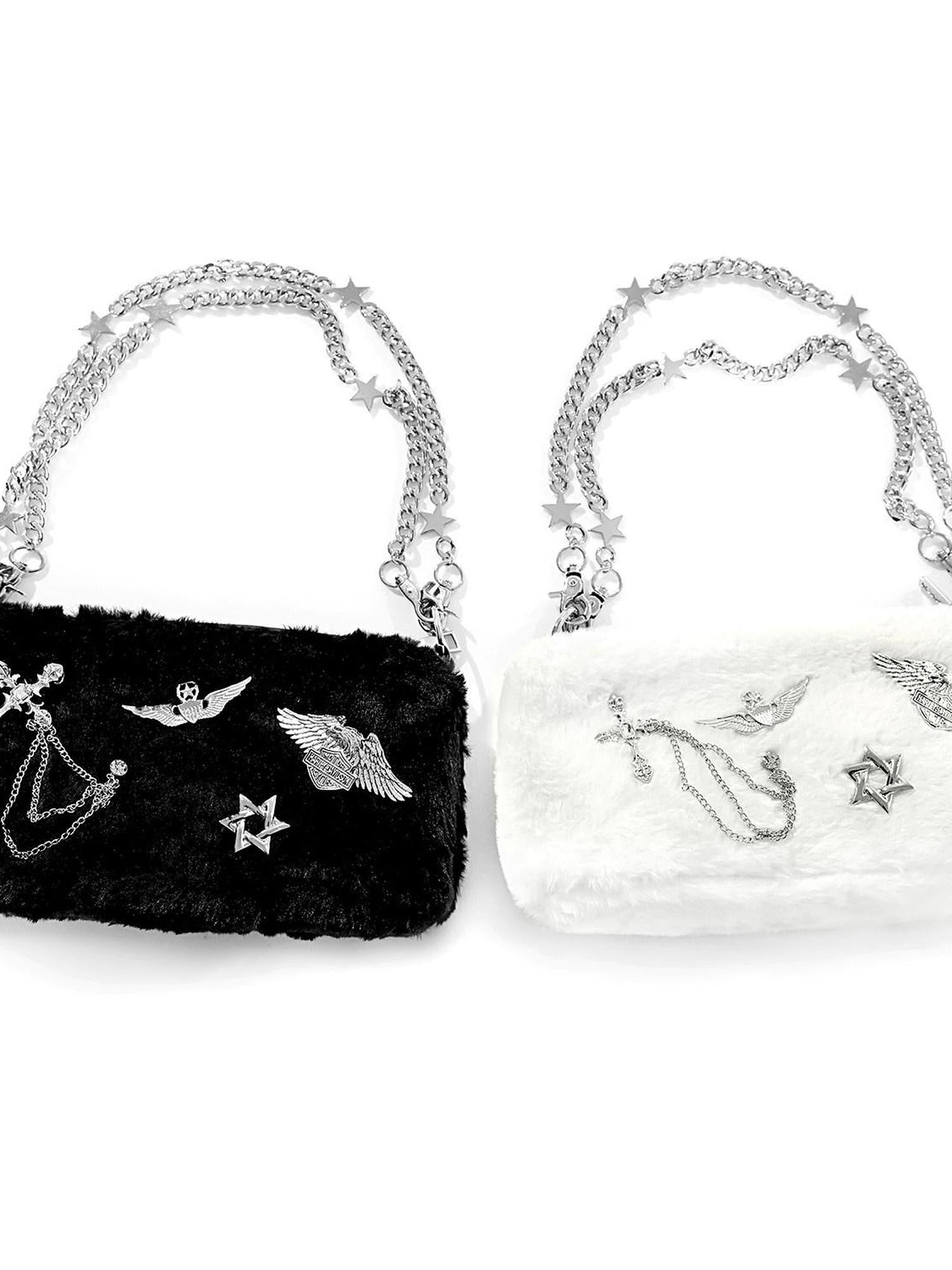 YUBABY Black White Faux Fur Metal Chain Badge Star Detachable Handle Women's Handbags
