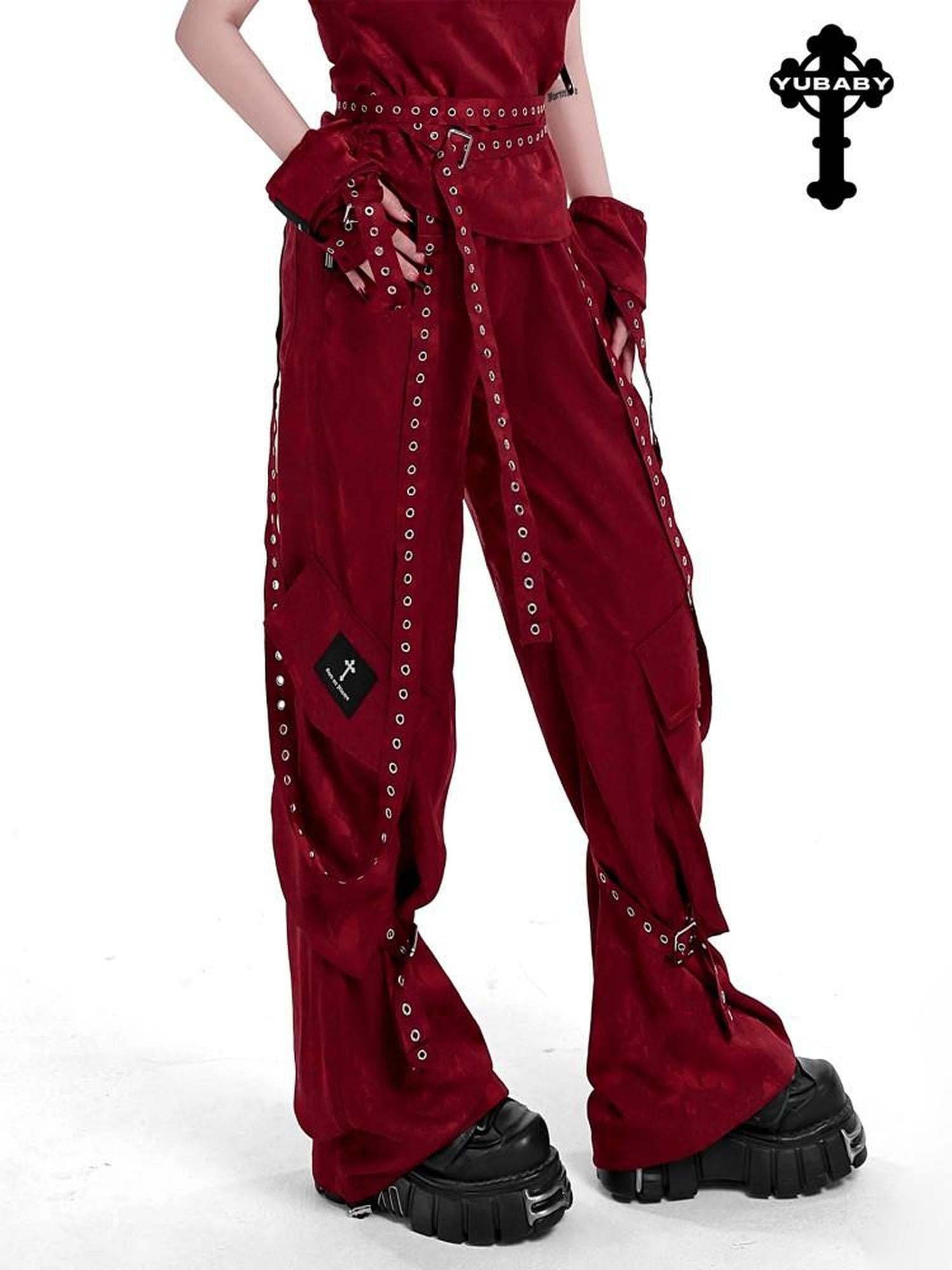 YUBABY Butterfly Jacquard Ribbon Tie Punk Women's Polyester Wide-leg Pants