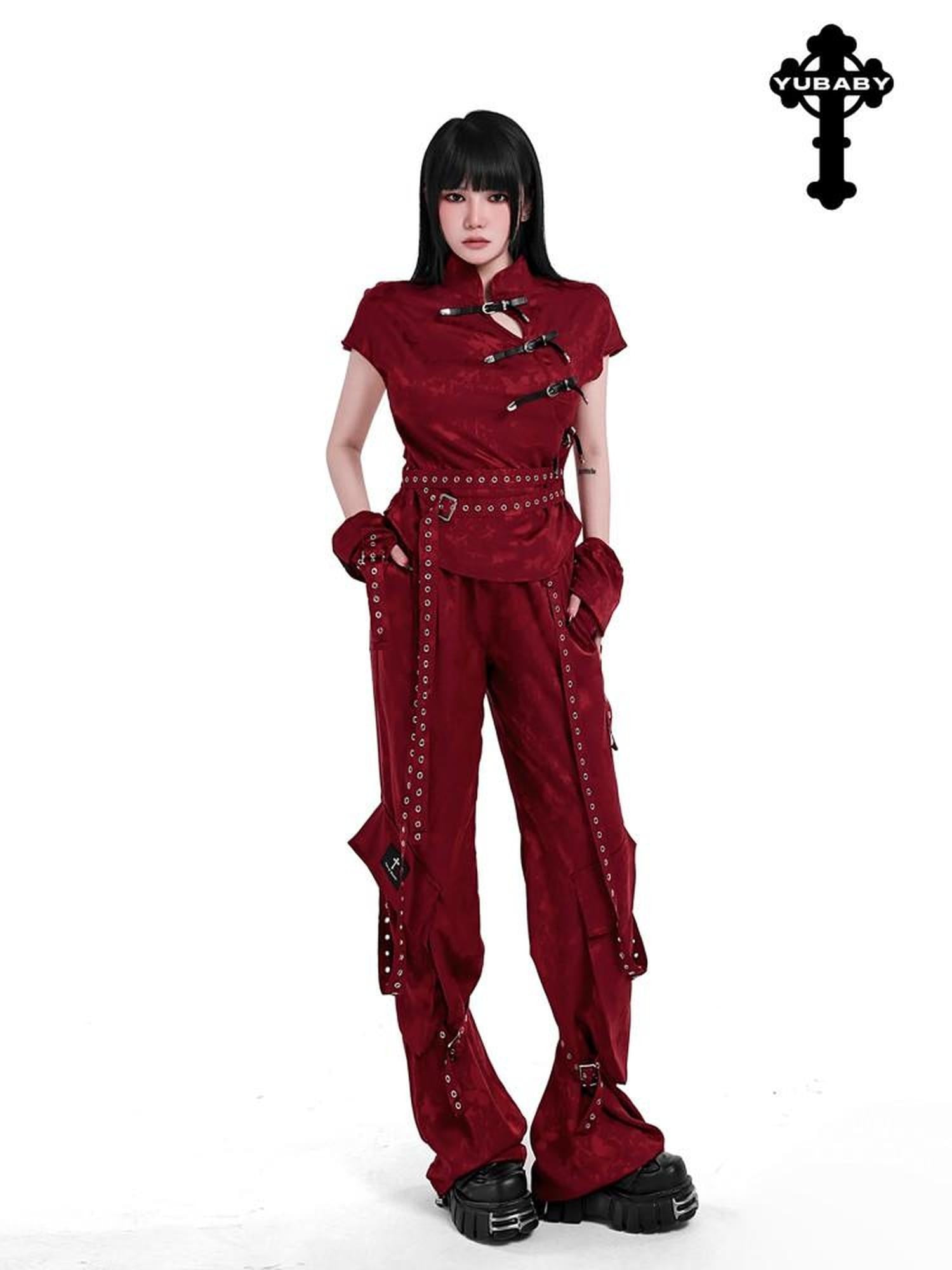 YUBABY Butterfly Jacquard Ribbon Tie Punk Women's Polyester Wide-leg Pants