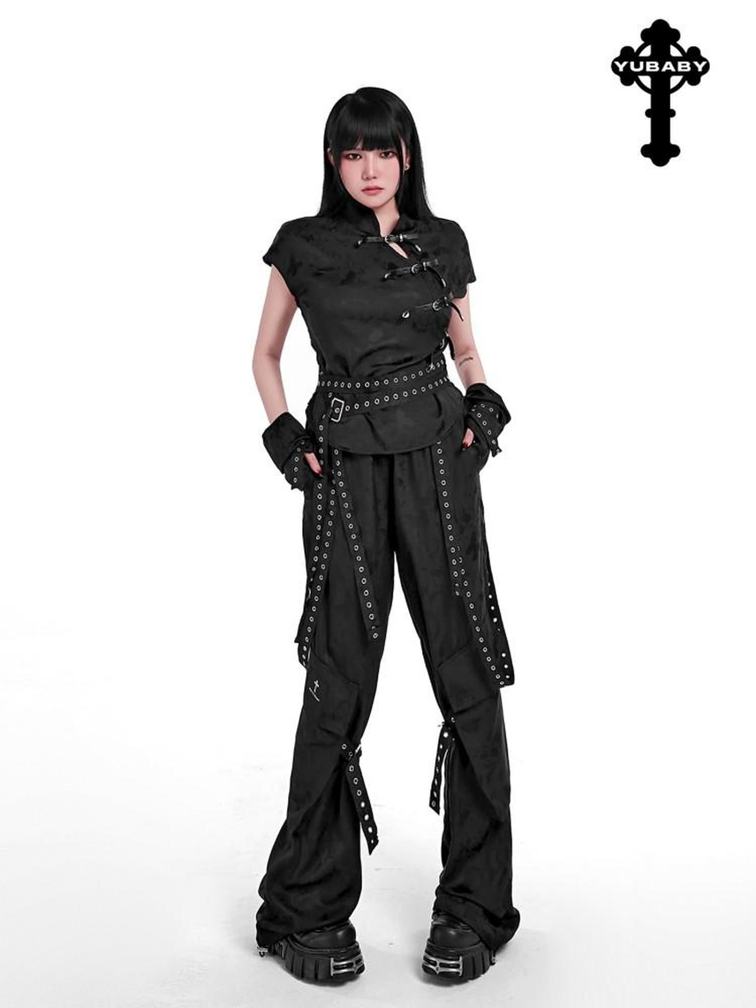 YUBABY Butterfly Jacquard Ribbon Tie Punk Women's Polyester Wide-leg Pants