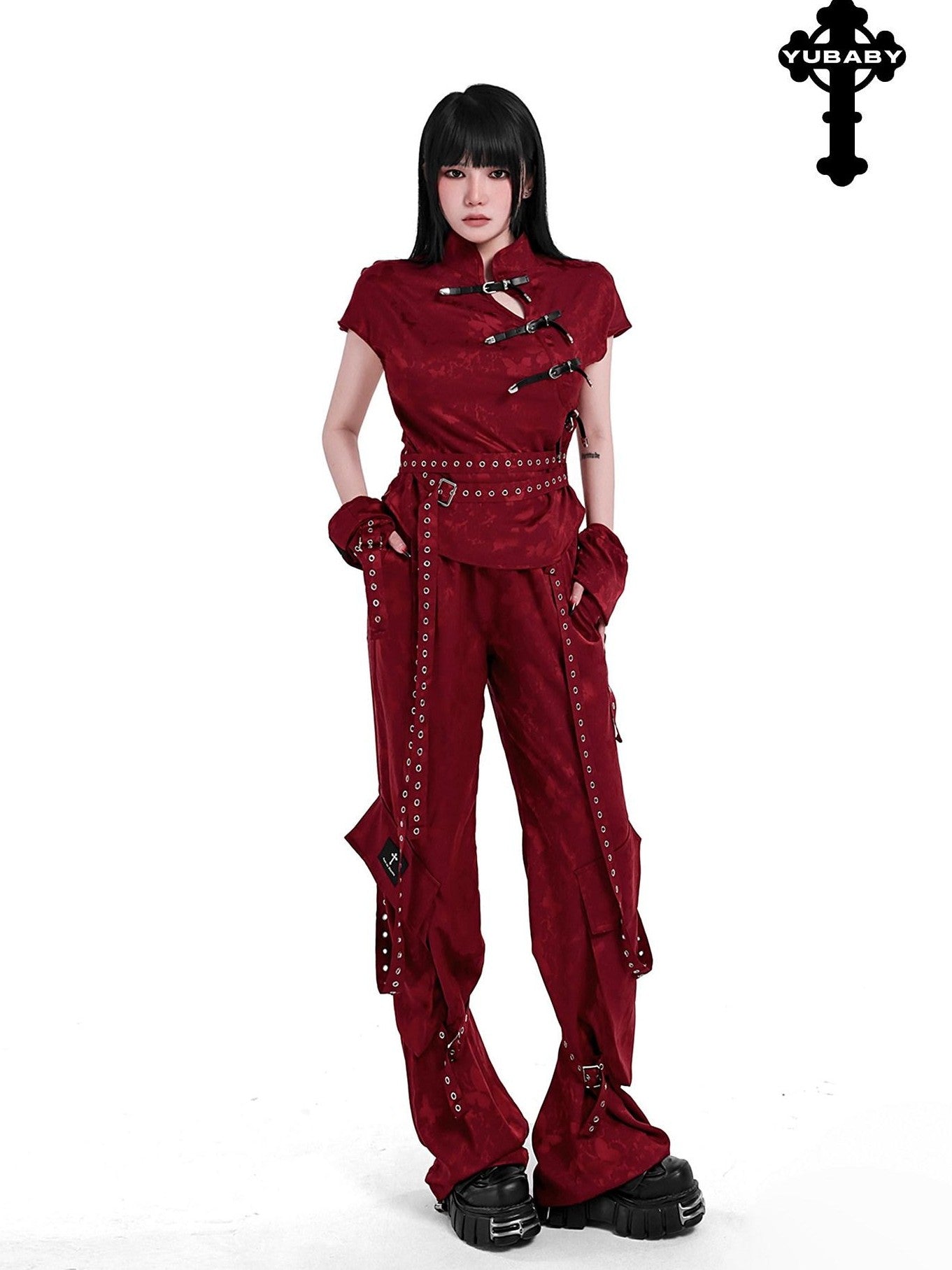 YUBABY Butterfly Jacquard Ribbon Tie Punk Women's Polyester Wide-leg Pants