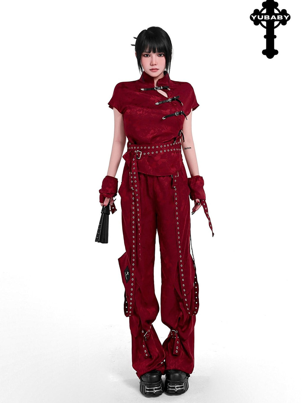 YUBABY Butterfly Jacquard Ribbon Tie Punk Women's Polyester Wide-leg Pants