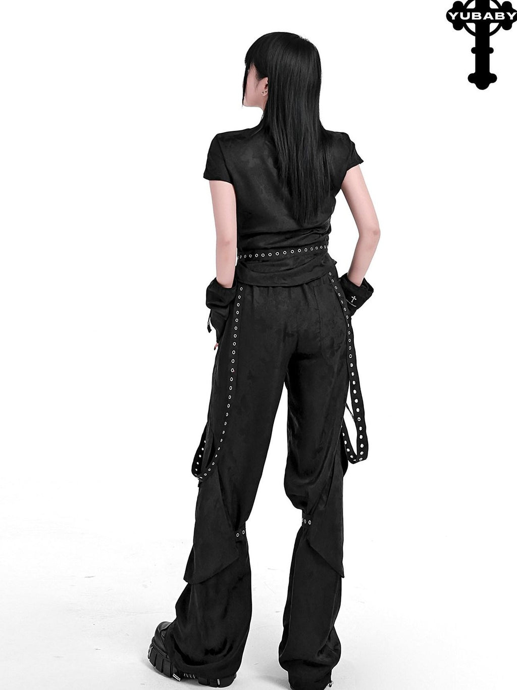 YUBABY Butterfly Jacquard Ribbon Tie Punk Women's Polyester Wide-leg Pants