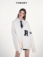 YUBABY Collegiate Terry Patch Lettering V-neck Button Loose Women's Knit Cardigans