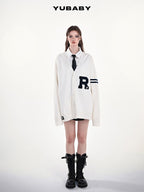 YUBABY Collegiate Terry Patch Lettering V-neck Button Loose Women's Knit Cardigans