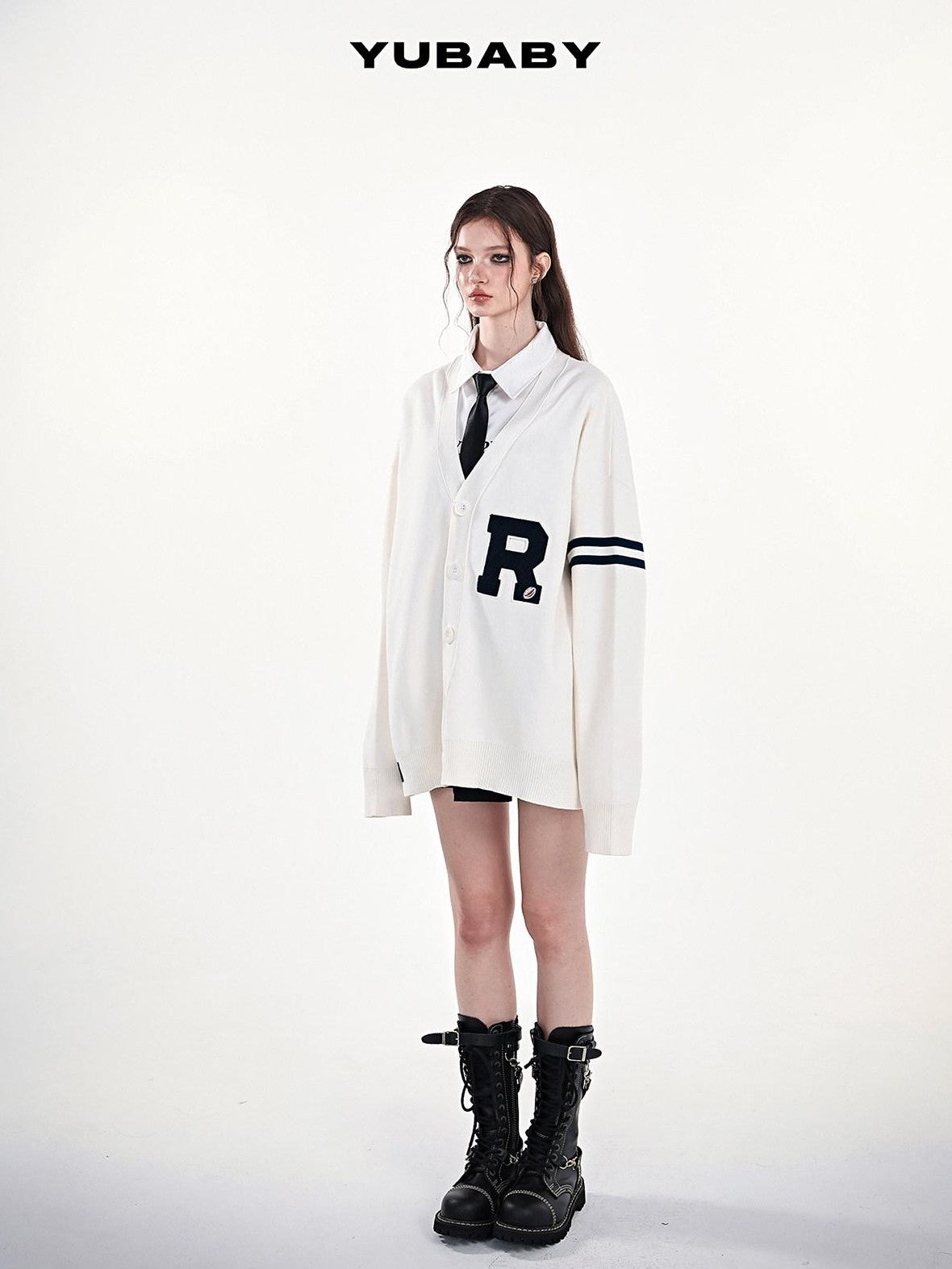 YUBABY Collegiate Terry Patch Lettering V-neck Button Loose Women's Knit Cardigans