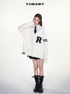YUBABY Collegiate Terry Patch Lettering V-neck Button Loose Women's Knit Cardigans
