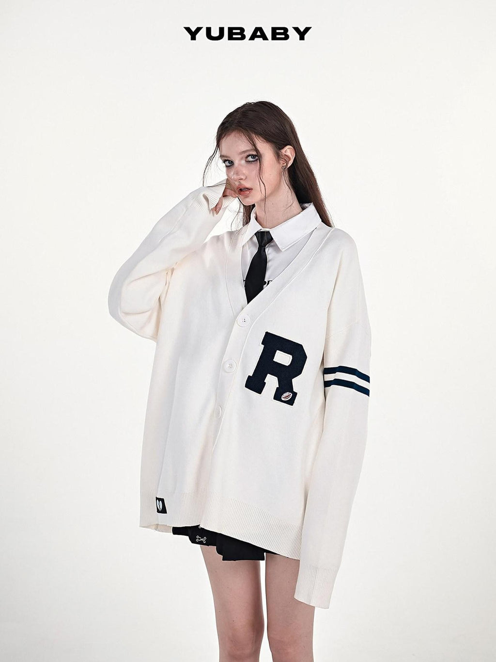 YUBABY Collegiate Terry Patch Lettering V-neck Button Loose Women's Knit Cardigans