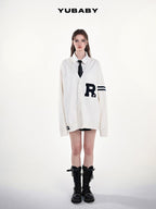 YUBABY Collegiate Terry Patch Lettering V-neck Button Loose Women's Knit Cardigans