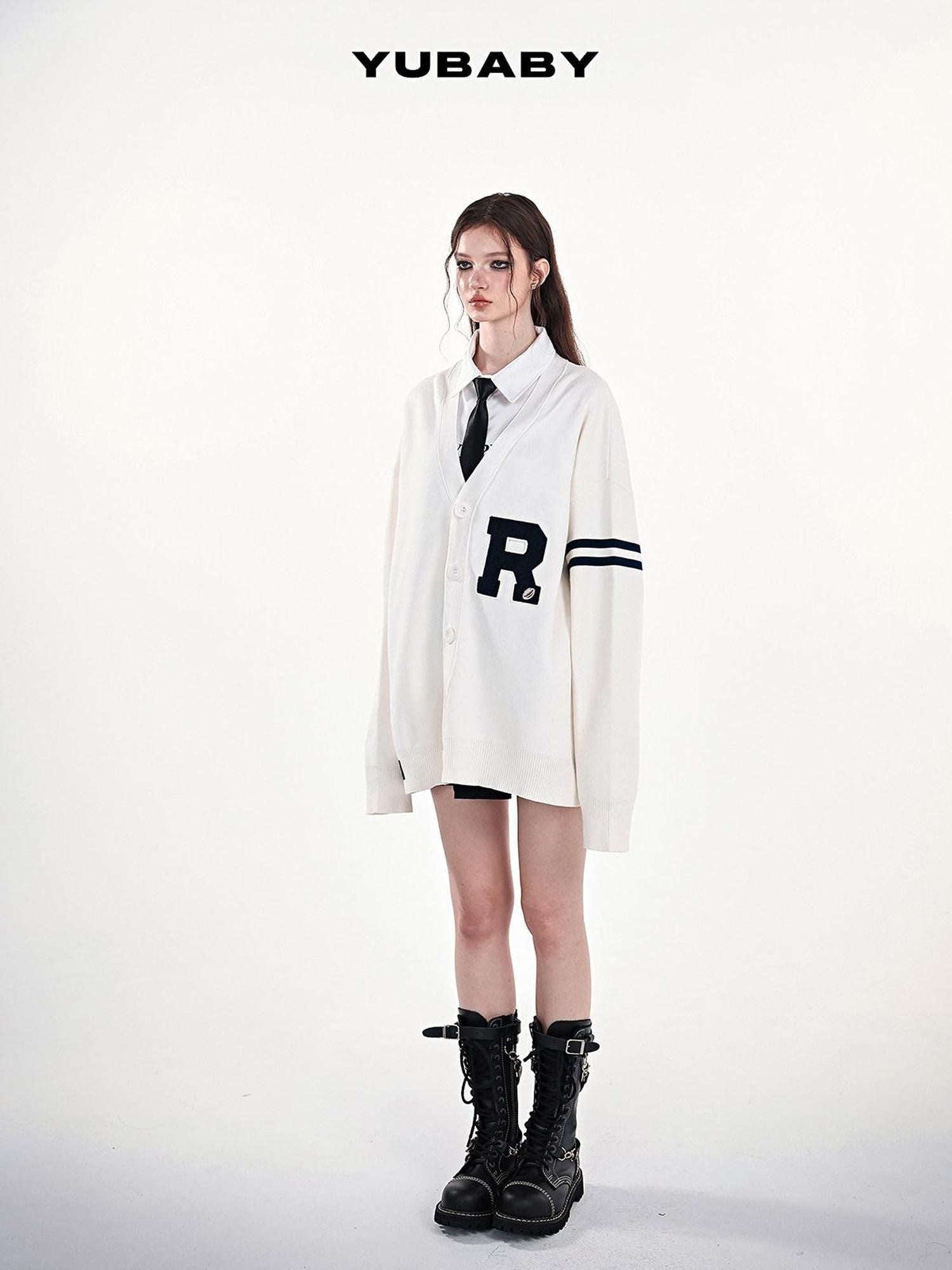 YUBABY Collegiate Terry Patch Lettering V-neck Button Loose Women's Knit Cardigans