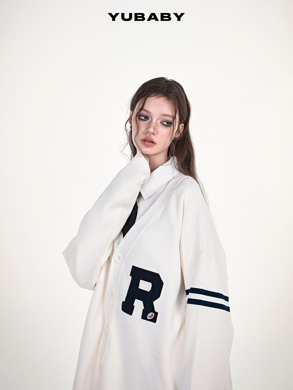 YUBABY Collegiate Terry Patch Lettering V-neck Button Loose Women's Knit Cardigans