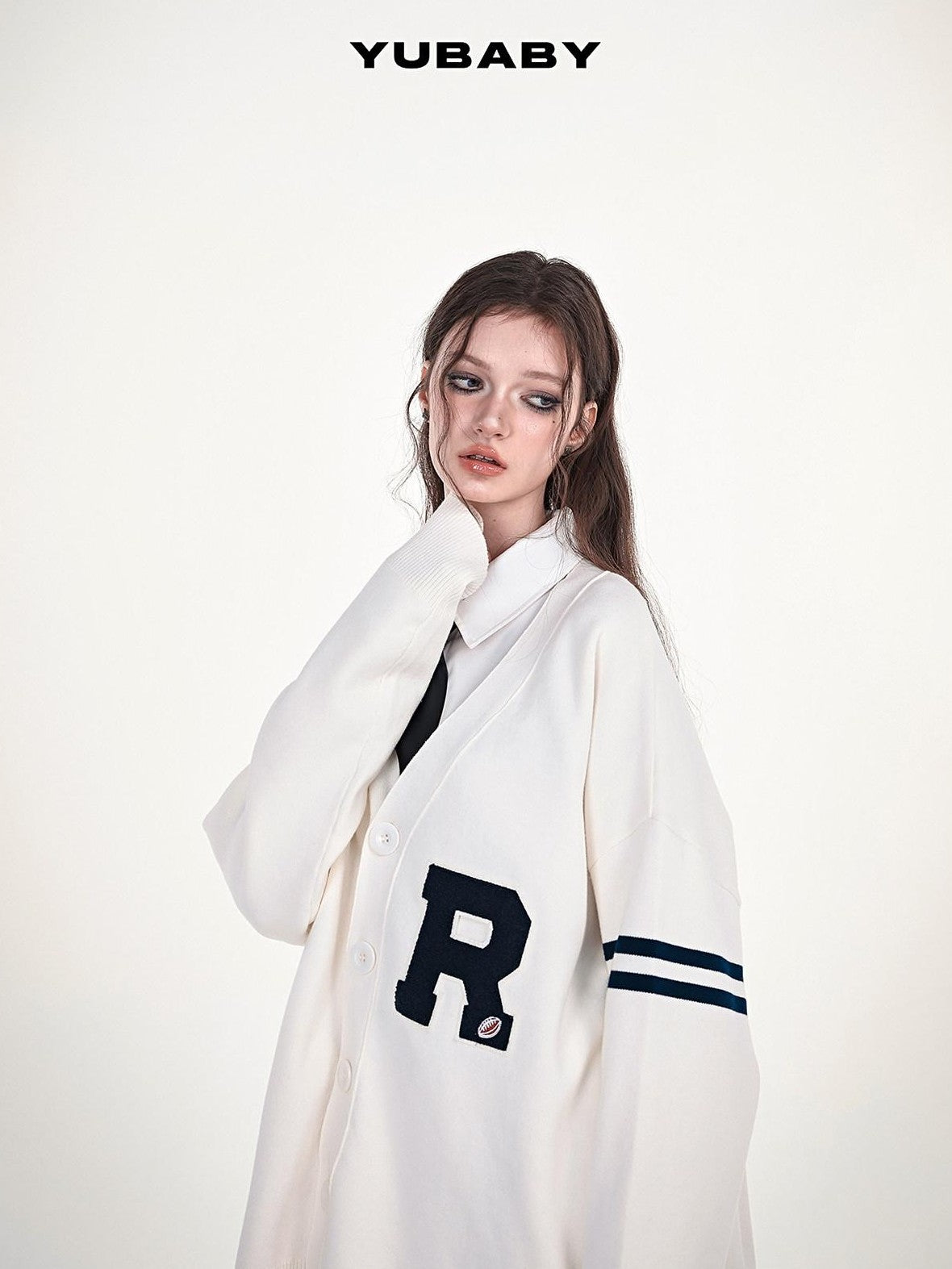 YUBABY Collegiate Terry Patch Lettering V-neck Button Loose Women's Knit Cardigans