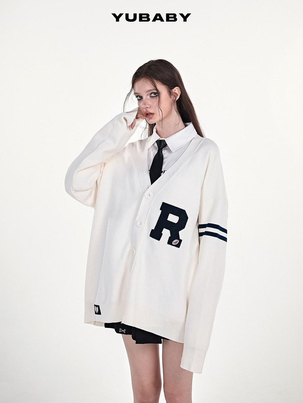 YUBABY Collegiate Terry Patch Lettering V-neck Button Loose Women's Knit Cardigans