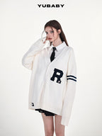 YUBABY Collegiate Terry Patch Lettering V-neck Button Loose Women's Knit Cardigans
