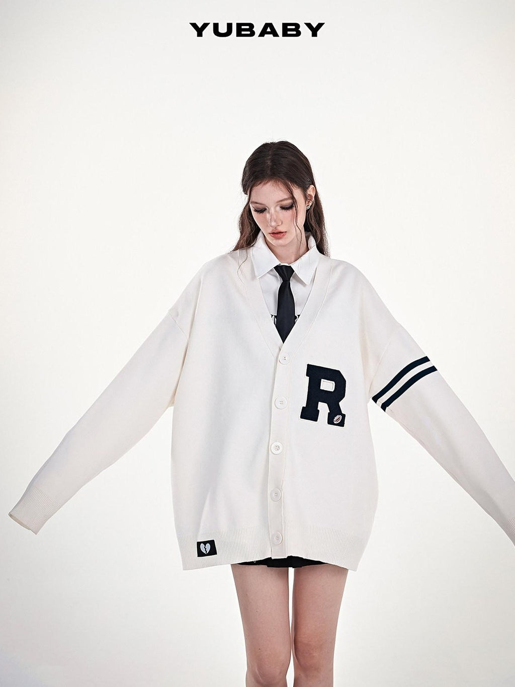 YUBABY Collegiate Terry Patch Lettering V-neck Button Loose Women's Knit Cardigans