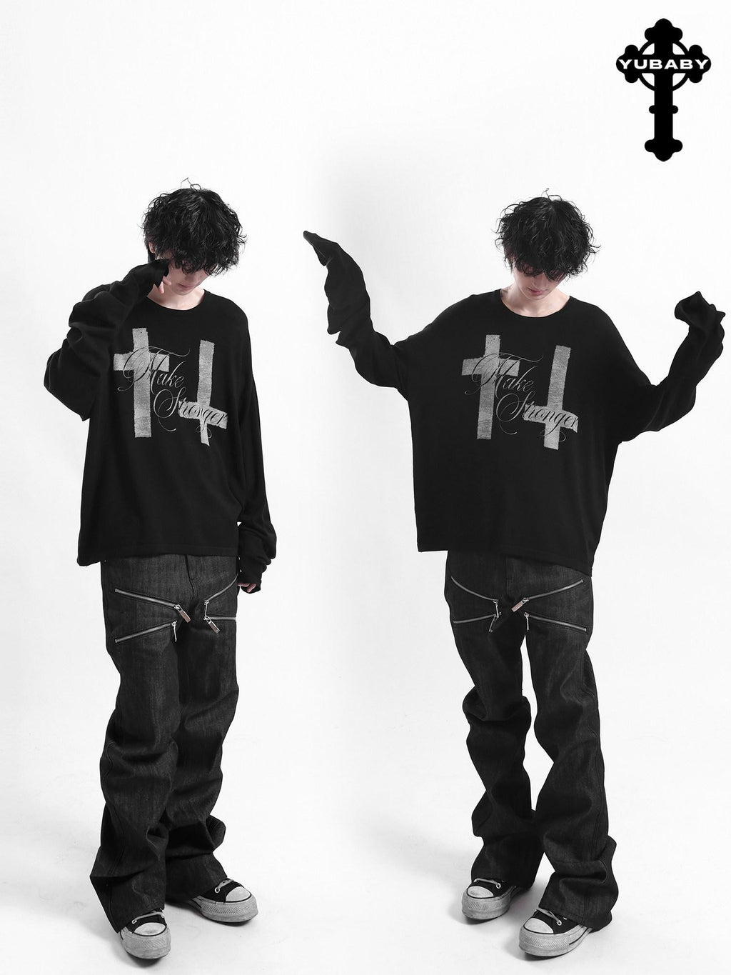 YUBABY Curved Blade Sleeve Cross Knit Gothic Women's Lyocell Long Sleeve T-shirts