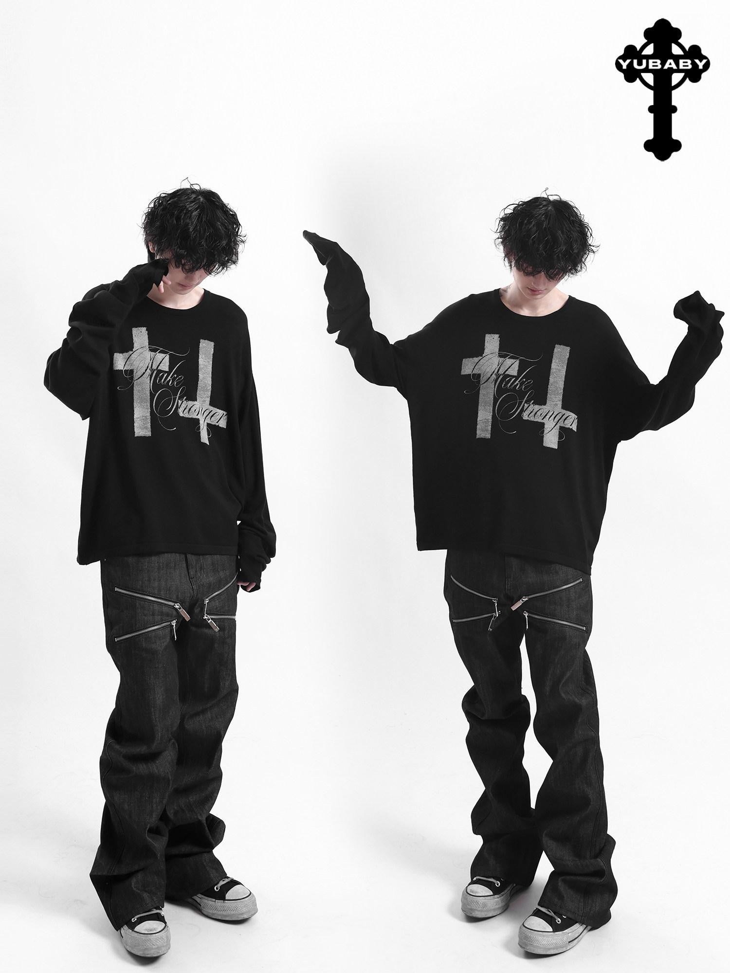 YUBABY Curved Blade Sleeve Cross Knit Gothic Women's Lyocell Long Sleeve T-shirts