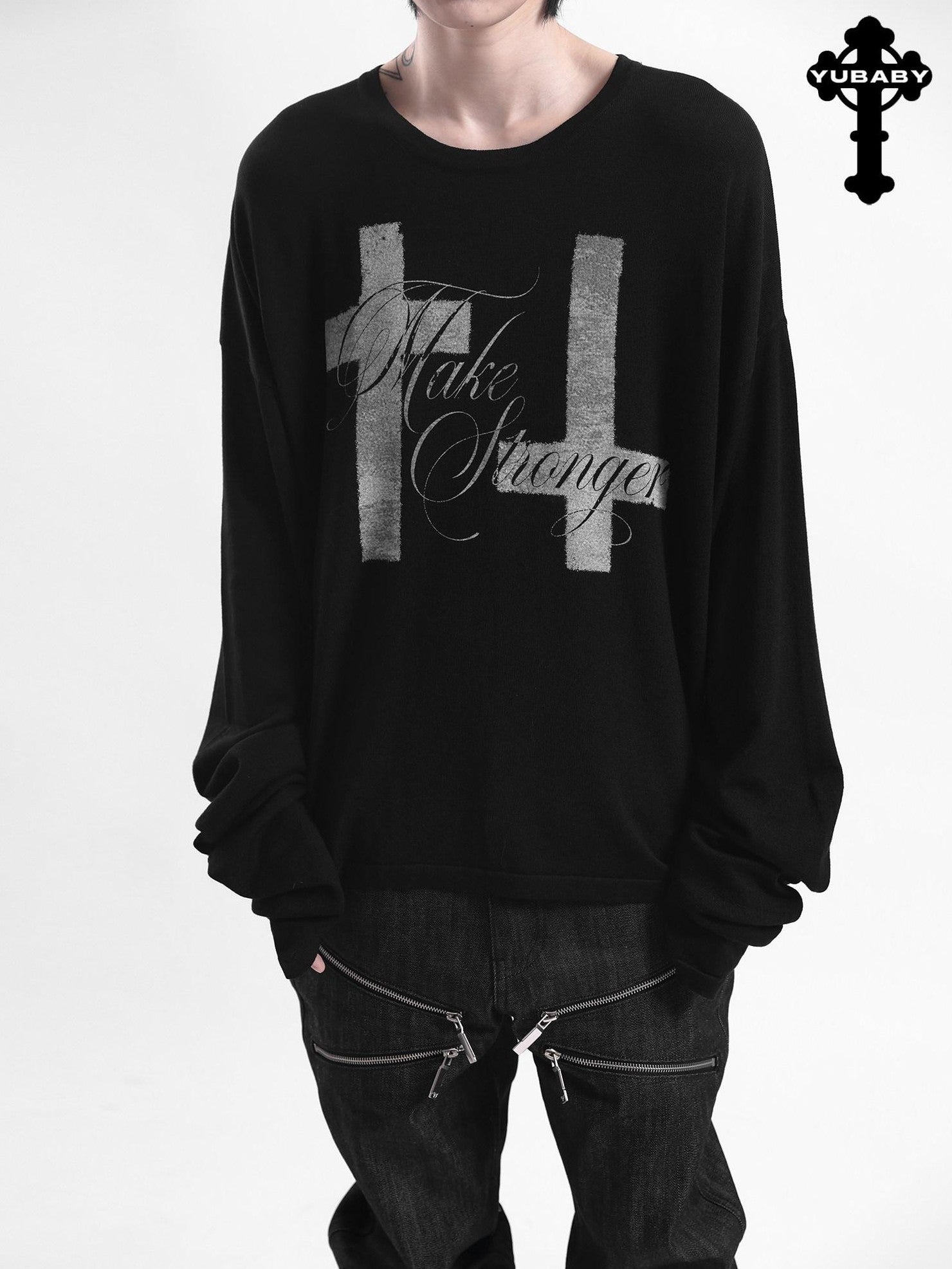 YUBABY Curved Blade Sleeve Cross Knit Gothic Women's Lyocell Long Sleeve T-shirts