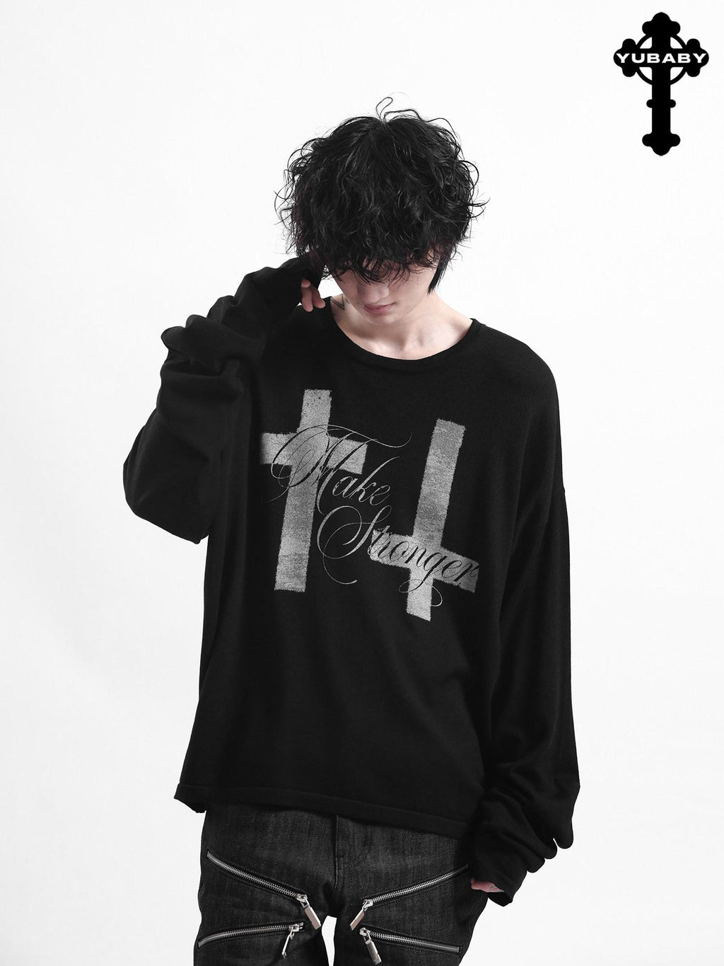 YUBABY Curved Blade Sleeve Cross Knit Gothic Women's Lyocell Long Sleeve T-shirts