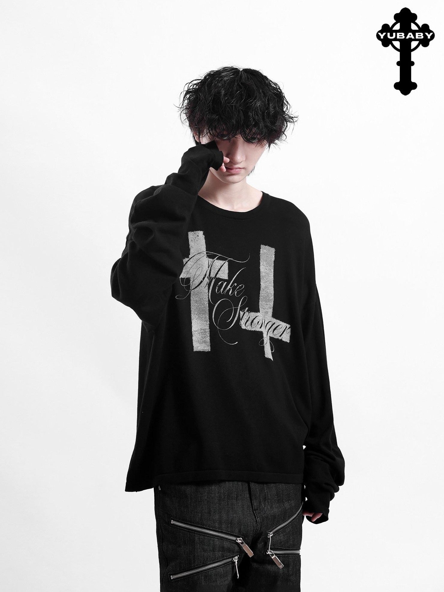 YUBABY Curved Blade Sleeve Cross Knit Gothic Women's Lyocell Long Sleeve T-shirts