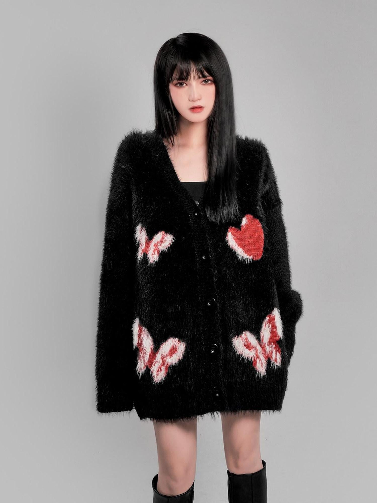 YUBABY Cute Butterfly V-neck Heart Print A Line Women's Fuzzy Knit Cardigans