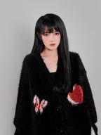 YUBABY Cute Butterfly V-neck Heart Print A Line Women's Fuzzy Knit Cardigans