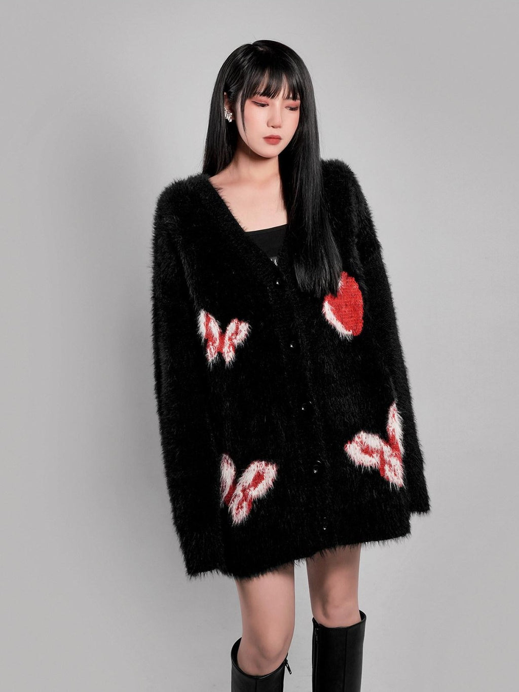 YUBABY Cute Butterfly V-neck Heart Print A Line Women's Fuzzy Knit Cardigans