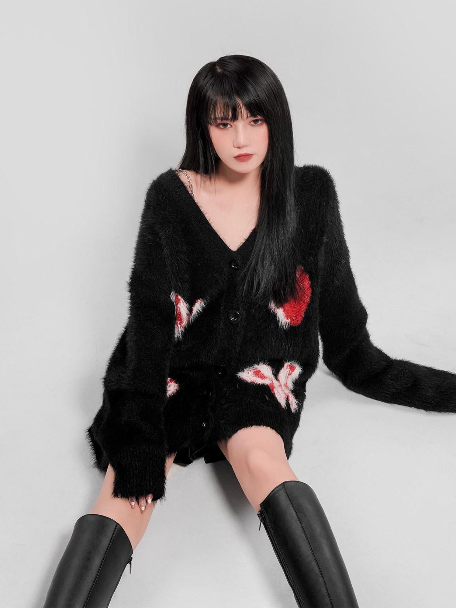 YUBABY Cute Butterfly V-neck Heart Print A Line Women's Fuzzy Knit Cardigans