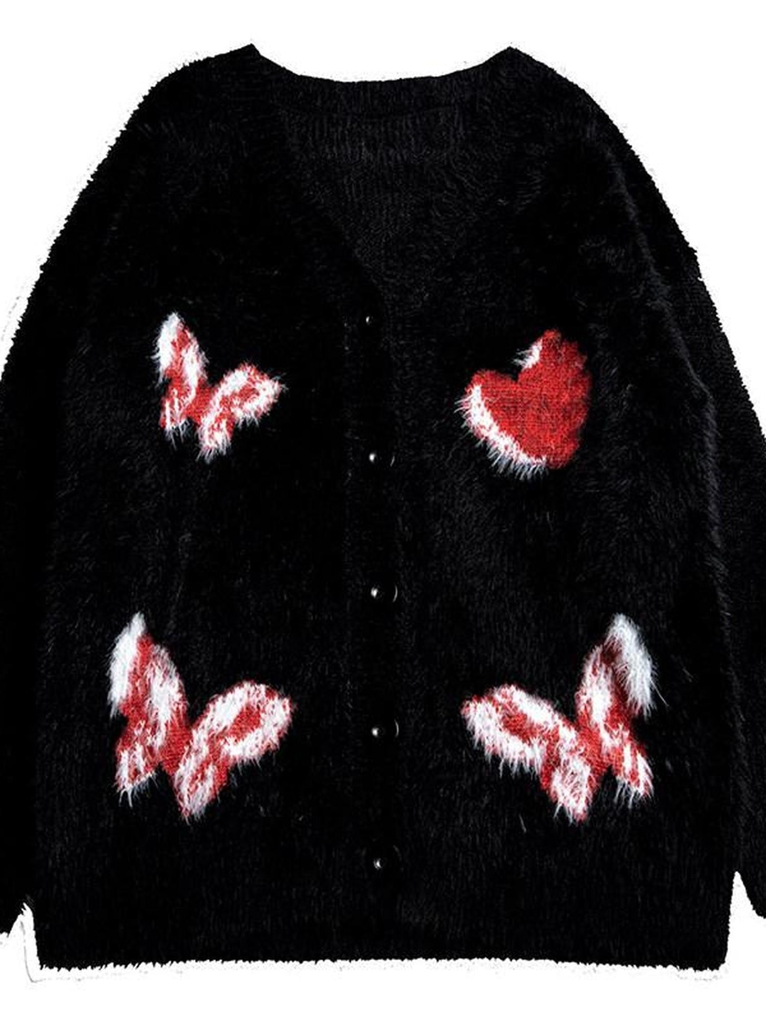 YUBABY Cute Butterfly V-neck Heart Print A Line Women's Fuzzy Knit Cardigans