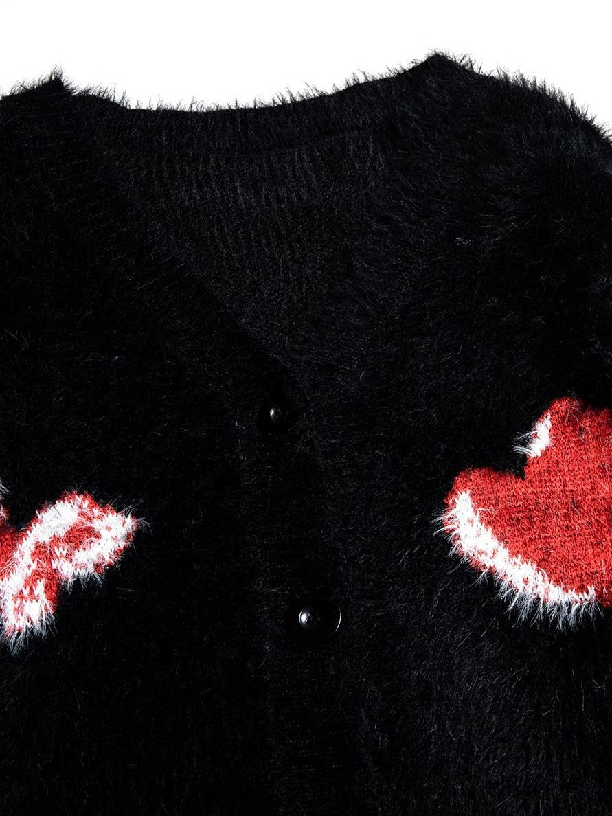YUBABY Cute Butterfly V-neck Heart Print A Line Women's Fuzzy Knit Cardigans