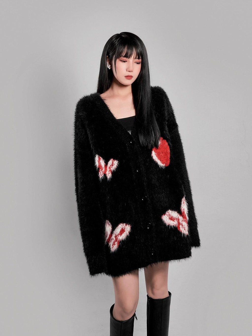 YUBABY Cute Butterfly V-neck Heart Print A Line Women's Fuzzy Knit Cardigans
