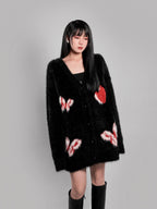 YUBABY Cute Butterfly V-neck Heart Print A Line Women's Fuzzy Knit Cardigans