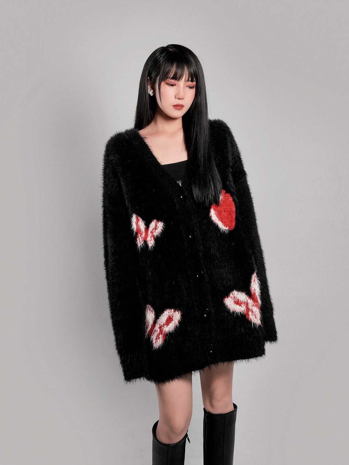 YUBABY Cute Butterfly V-neck Heart Print A Line Women's Fuzzy Knit Cardigans