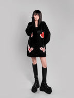 YUBABY Cute Butterfly V-neck Heart Print A Line Women's Fuzzy Knit Cardigans