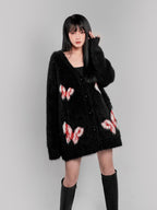 YUBABY Cute Butterfly V-neck Heart Print A Line Women's Fuzzy Knit Cardigans