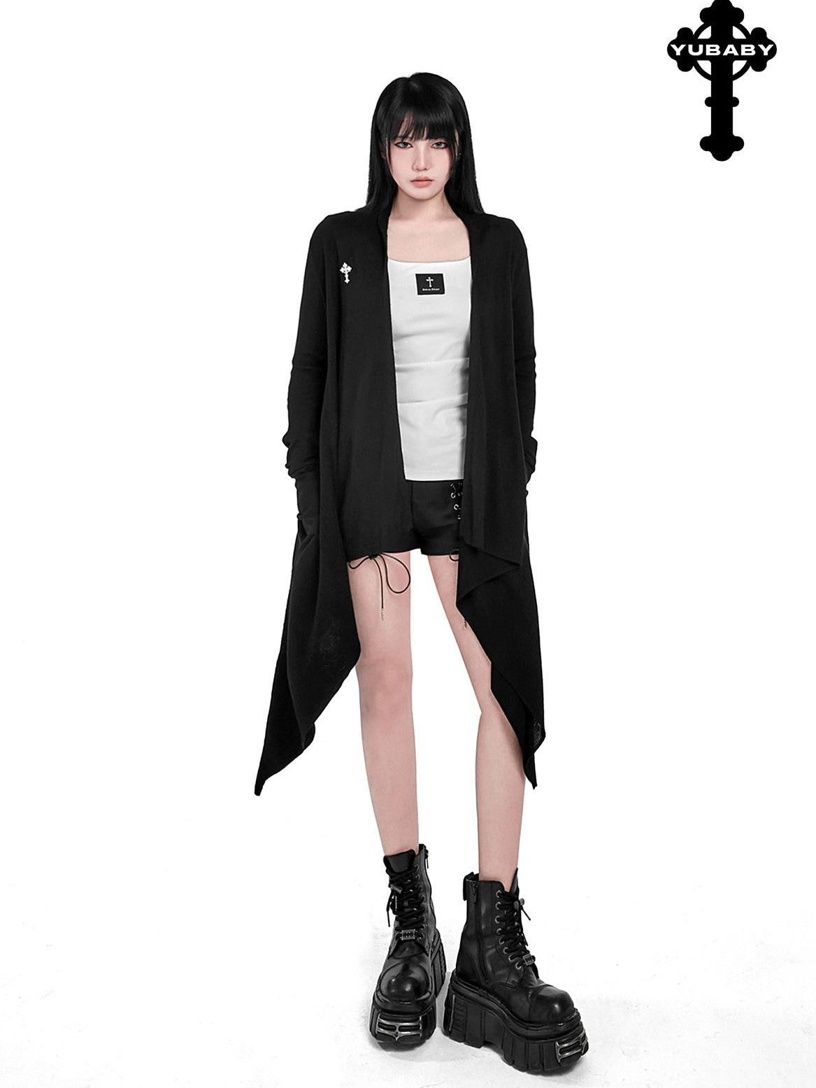 YUBABY Dark Asymmetrical Hem V-neck Buttoned Women's Cotton Cardigans