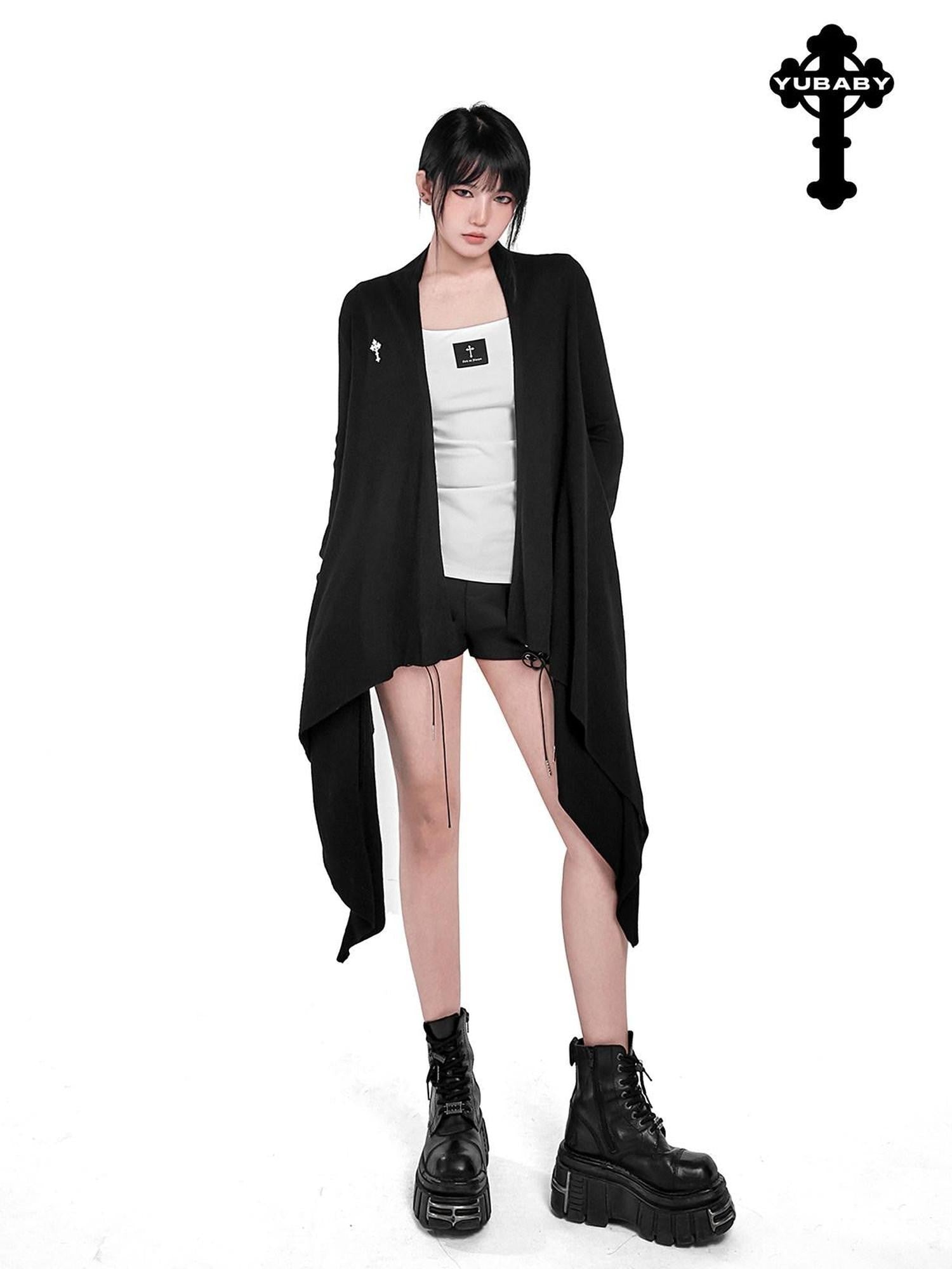 YUBABY Dark Asymmetrical Hem V-neck Buttoned Women's Cotton Cardigans