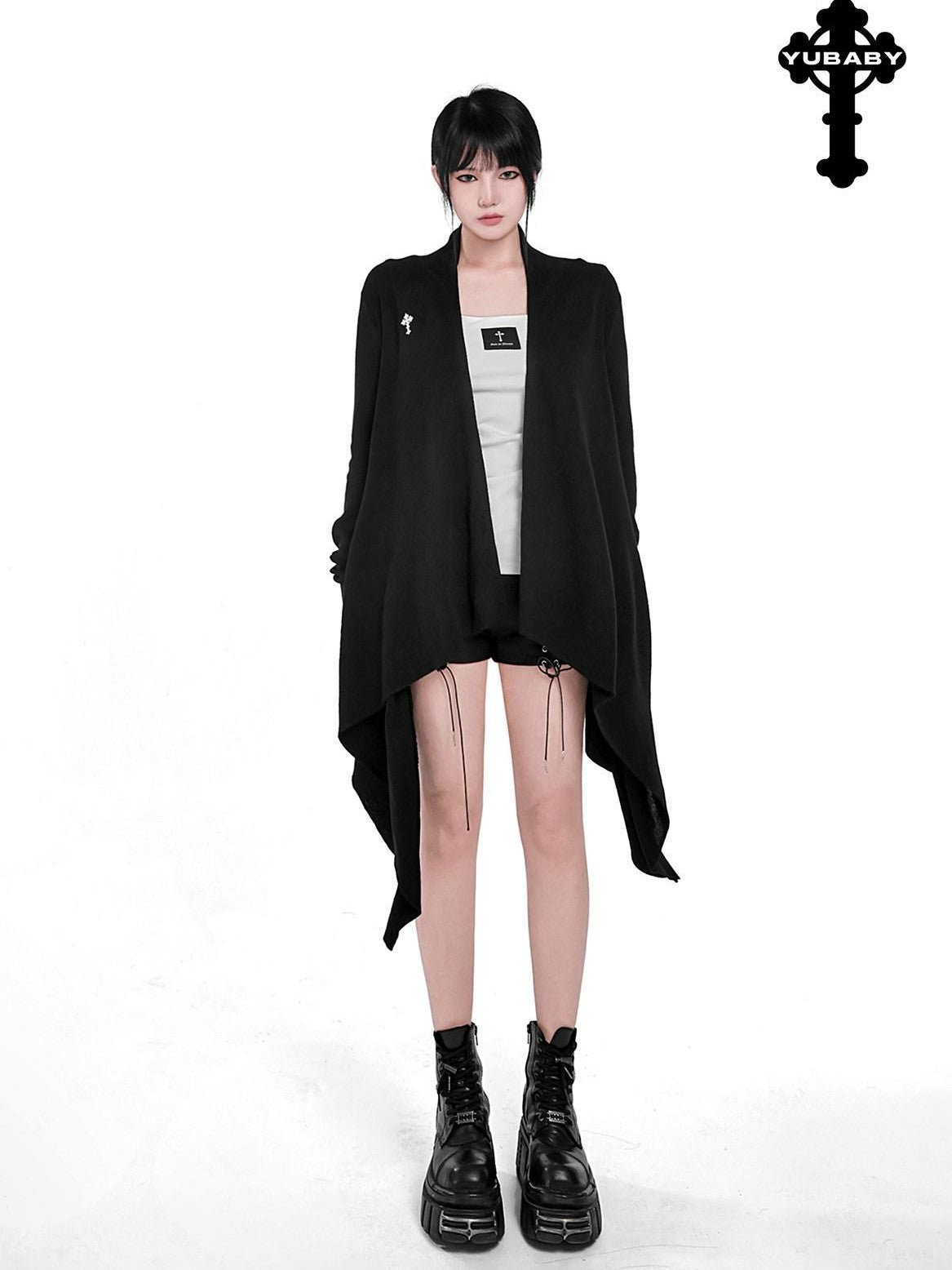 YUBABY Dark Asymmetrical Hem V-neck Buttoned Women's Cotton Cardigans