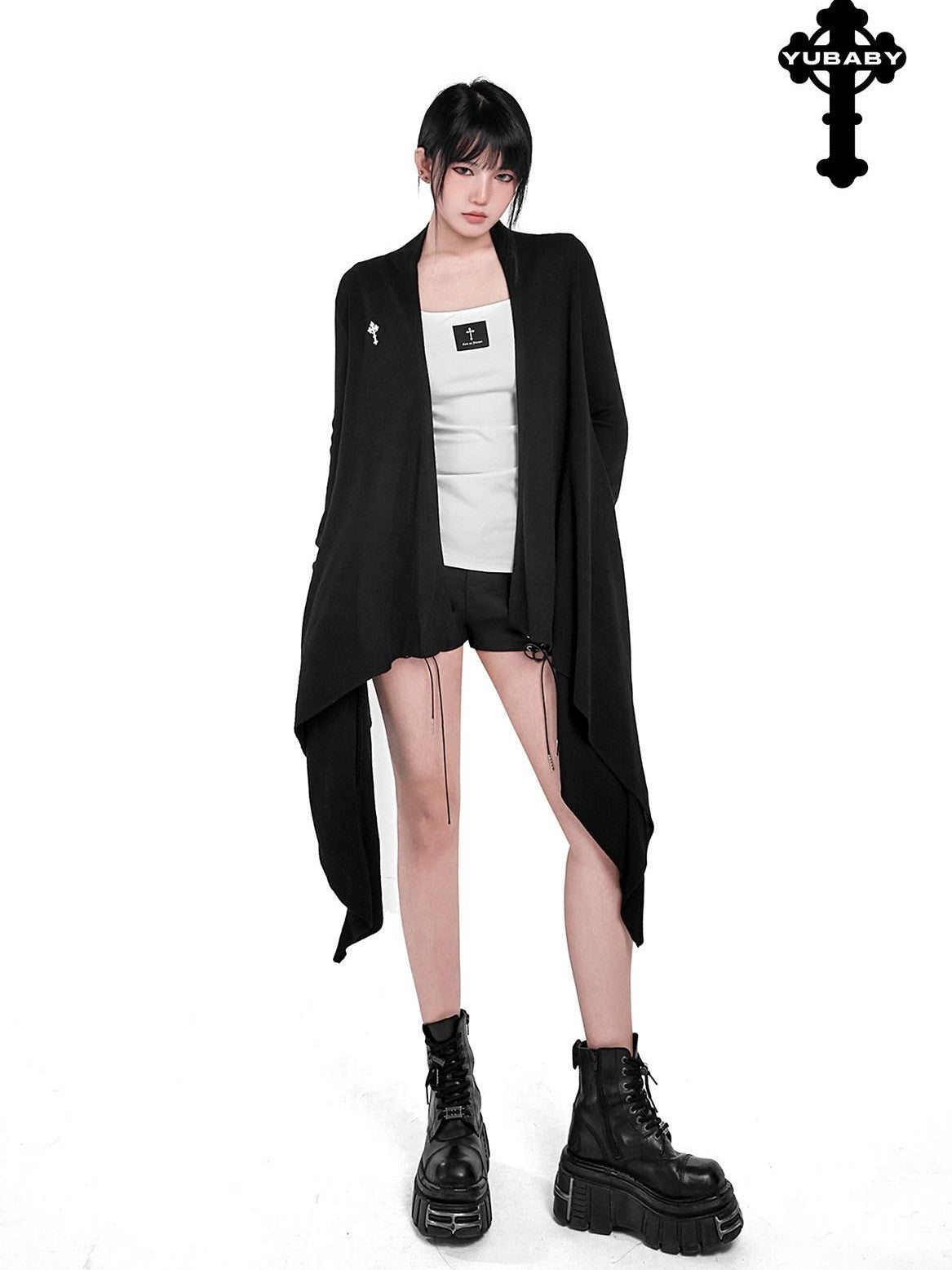 YUBABY Dark Asymmetrical Hem V-neck Buttoned Women's Cotton Cardigans