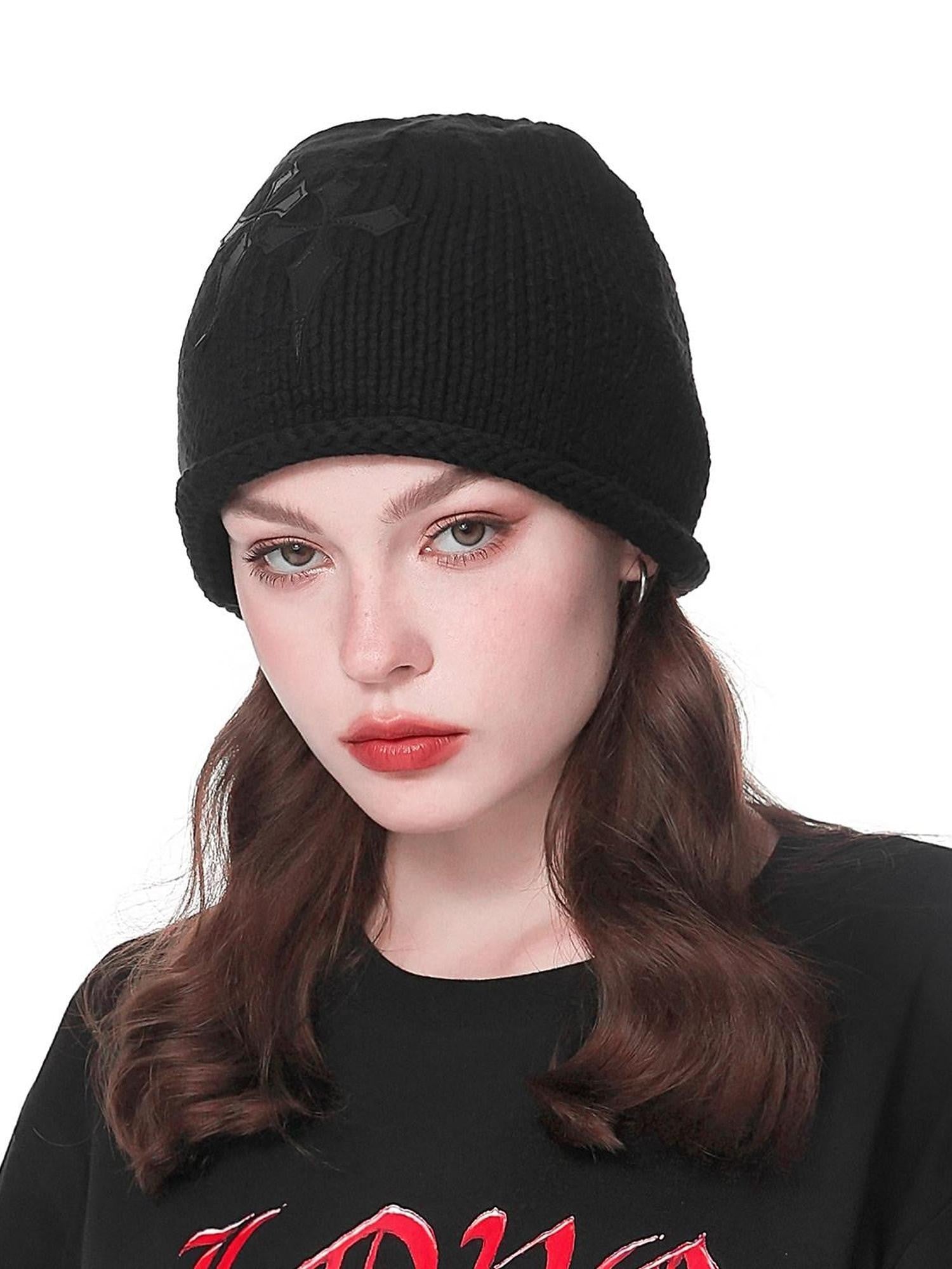 YUBABY Dark Cross Leather Patch Layered Applique Chunky Knit Women's Cotton Fedoras