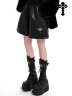YUBABY Dark Gothic Applique 3d Cross Ultra Wide Leg Women's Pu Leather Short Trousers