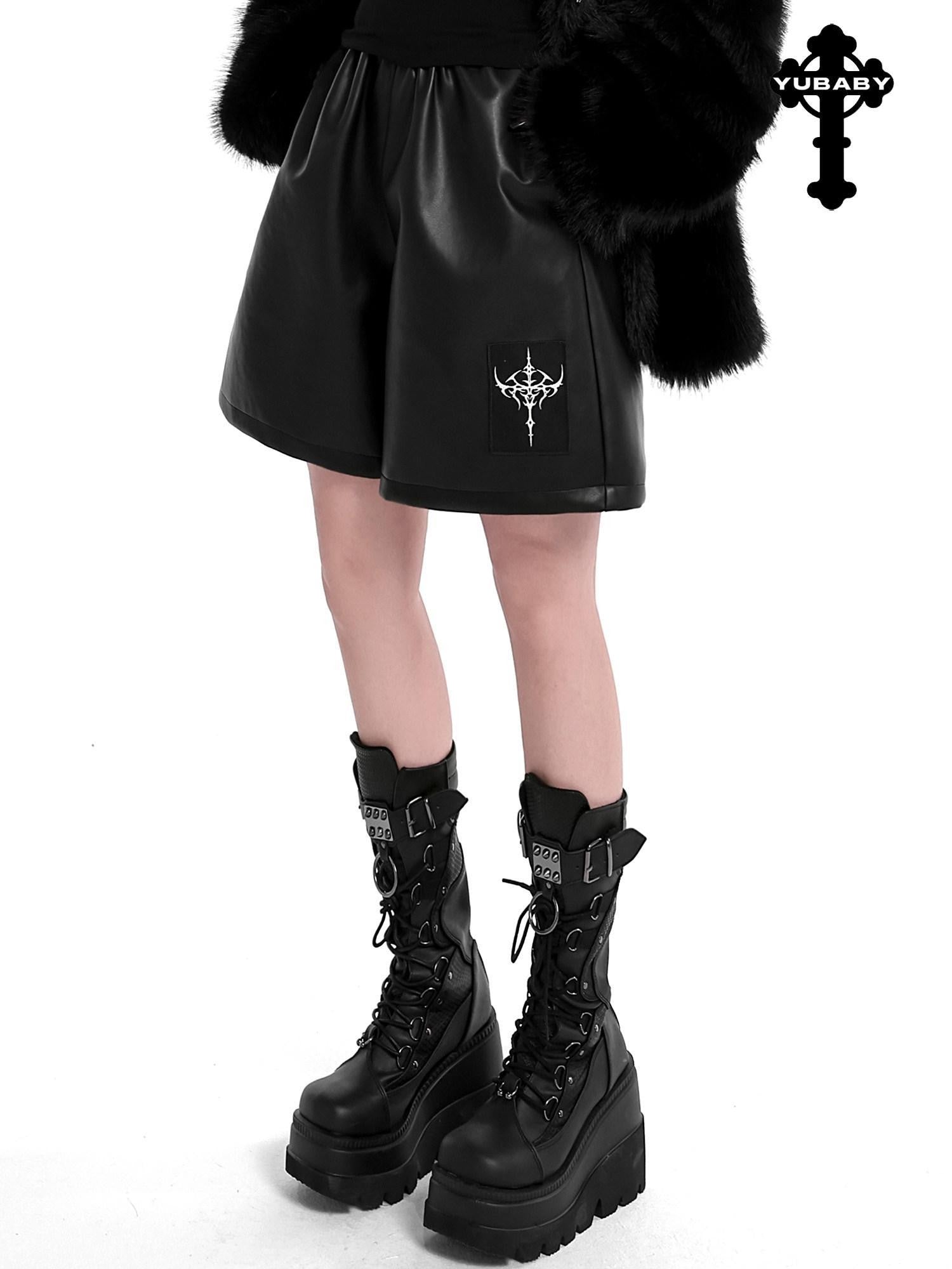 YUBABY Dark Gothic Applique 3d Cross Ultra Wide Leg Women's Pu Leather Short Trousers