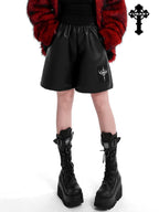 YUBABY Dark Gothic Applique 3d Cross Ultra Wide Leg Women's Pu Leather Short Trousers